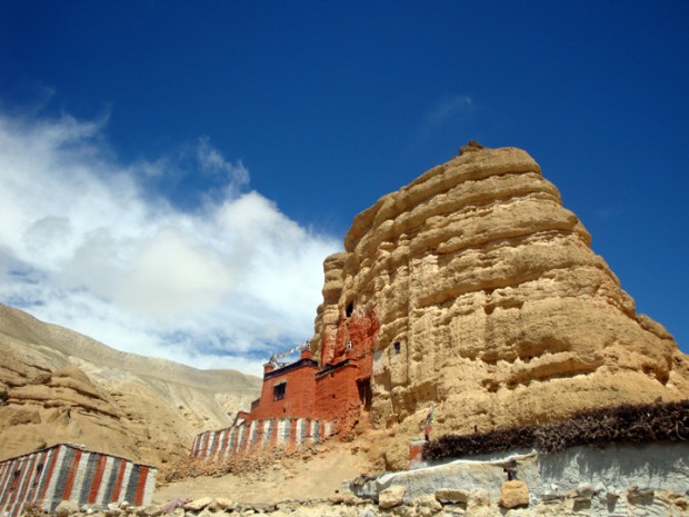 an ancient monastery on a cliffside near Lo-Manthang where buddhist monks study in isolation.